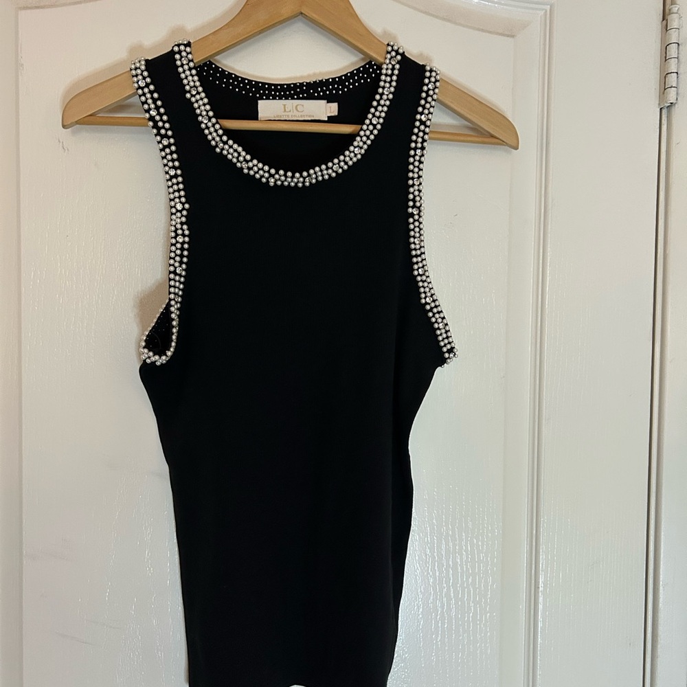 Lizette Collection Black Sleeveless Top with Pearl Accents